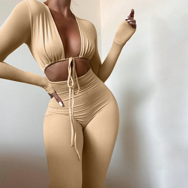 Hollow Out Backless Long Sleeves Bodycon Jumpsuit