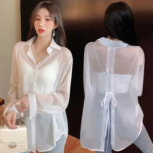 Sheer Back Bow Long Sleeve Blouses