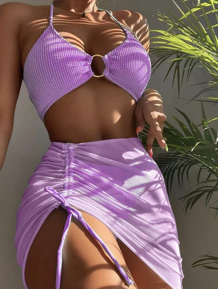 3 Pieces Mesh Skirt Halter High Waist Sexy Bikini