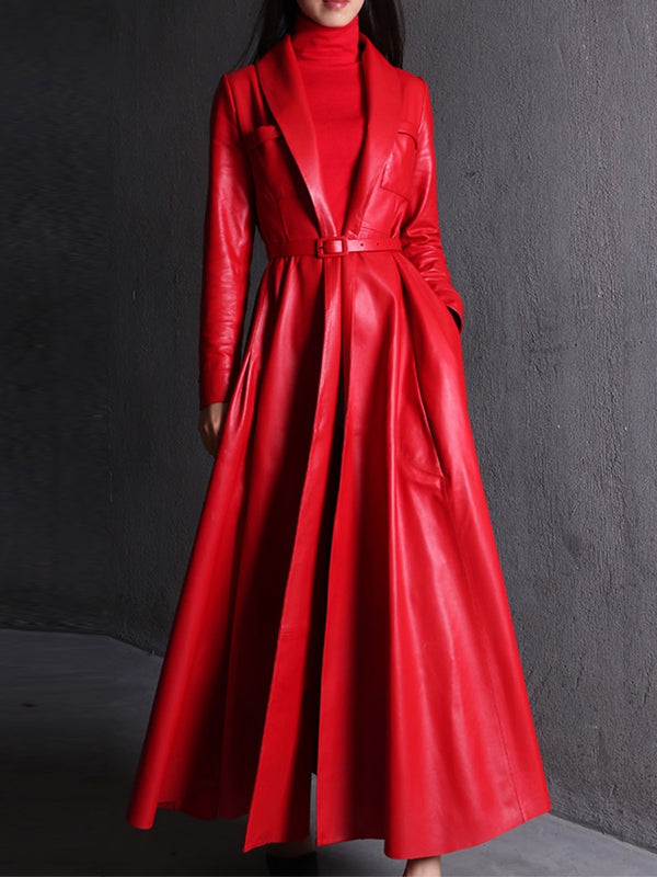 High Quality Red or Black Maxi Pu Leather Extra Long Trench Coat