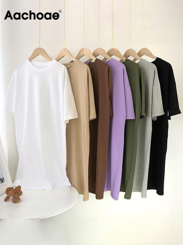 Casual Loose Oversized Solid 100% Cotton T Shirt Dress