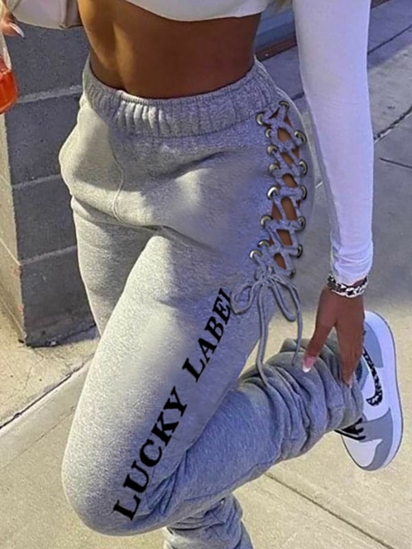 Casual Solid Lace Up Sweat Pants