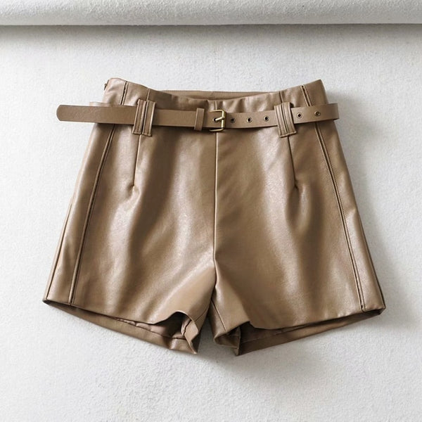 Brown PU Leather Shorts