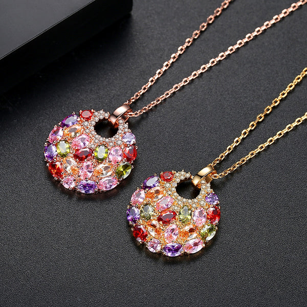 Big Round Rainbow Gemstone Pendant Necklace