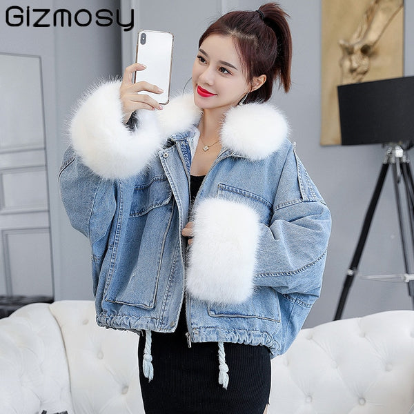 Loose Oversized Winter Velvet Fur Collar Denim Jacket