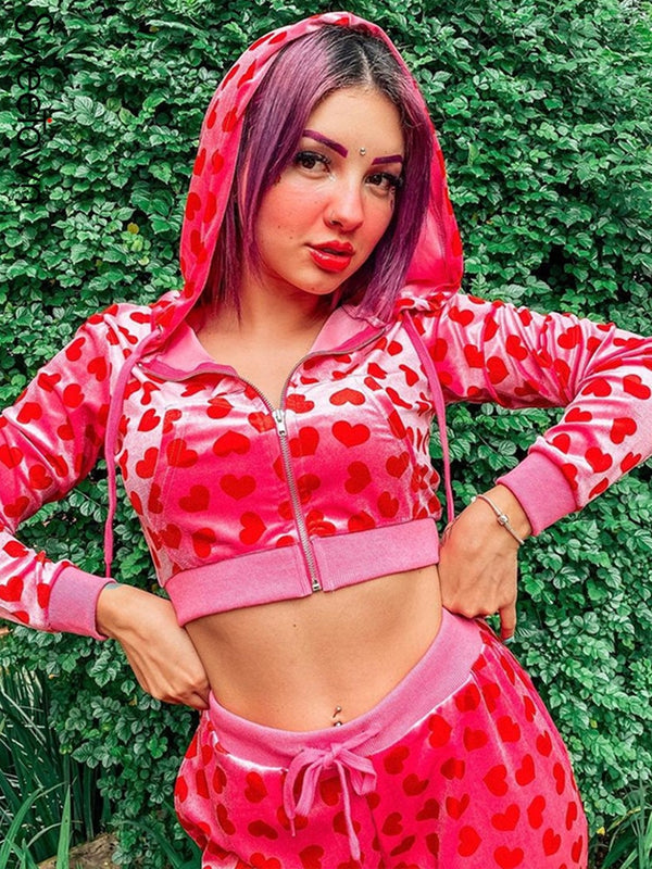 Cute Pink Velvet Heart Print Zip Up Crop Hoodies