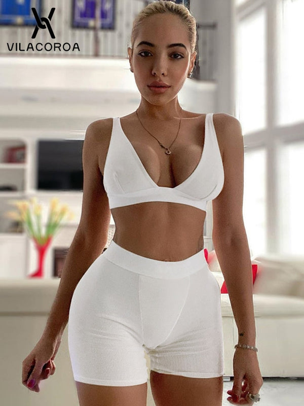 V Neck Ribbed Casual Crop Top Elastic Waist Short Set