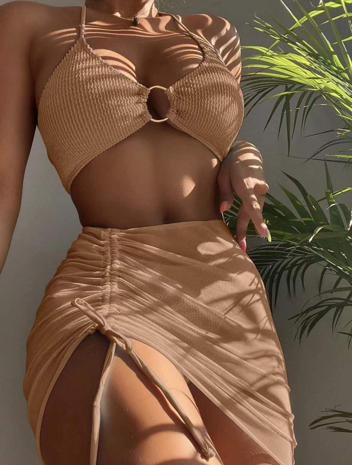 3 Pieces Mesh Skirt Halter High Waist Sexy Bikini