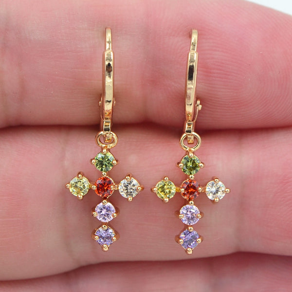 Simple Gold Colorful Stone Cross Earrings