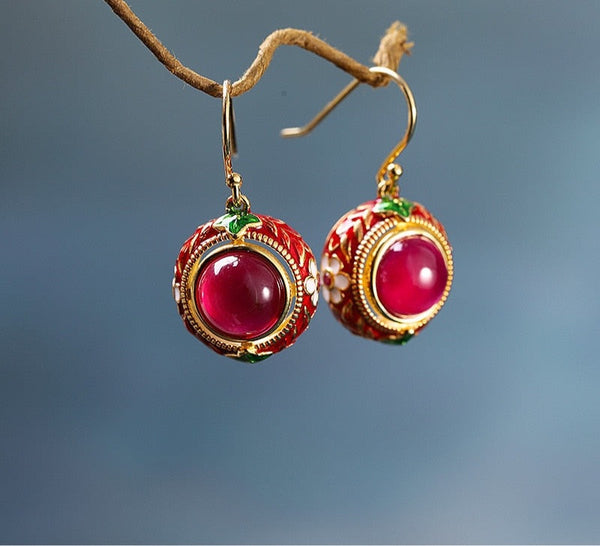 Thai Red Corundum Enamel Gemstone Drop Earrings