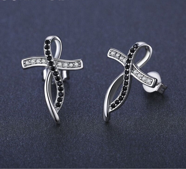 Romantic Black Cross Silver Stud Earrings