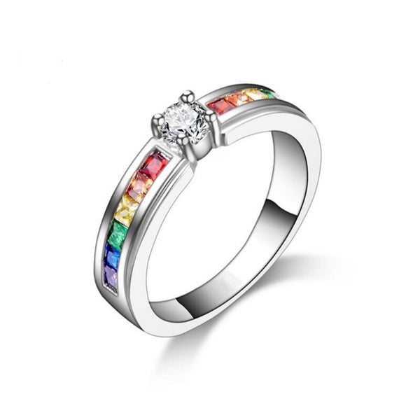 Colorful Rainbow Crystal Silver Ring