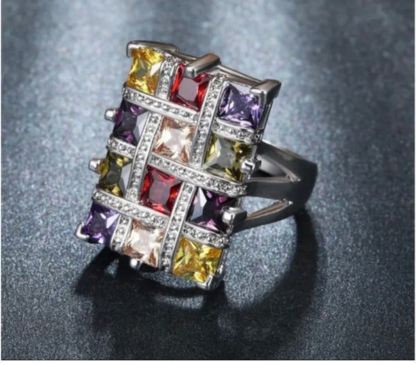 Colorful CZ Square Geometric Ring