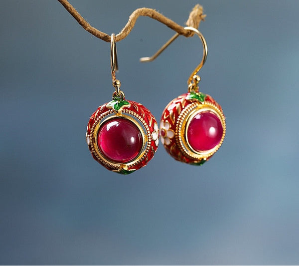 Thai Red Vintage Corundum Enamel Gemstone Drop Earrings