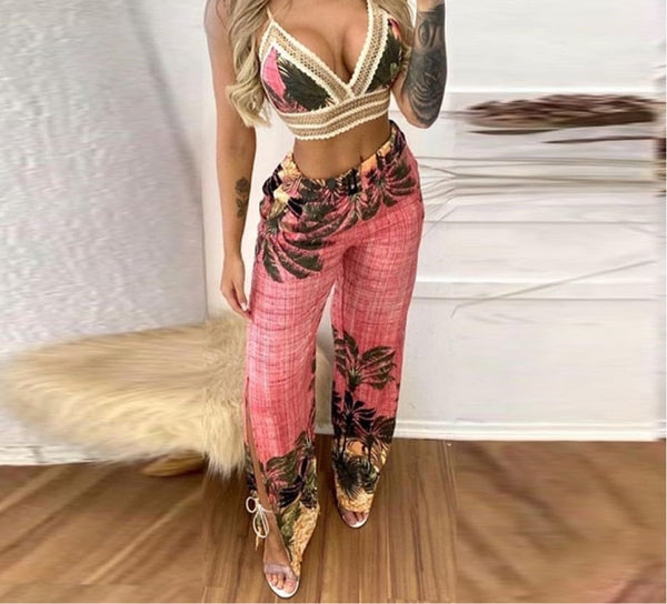 Tropical Print Lace Trim Crop Top Slit Pants Set