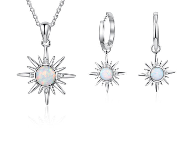 White Opal Stone Sun Silver Pendant Necklaces & Hoop Earrings